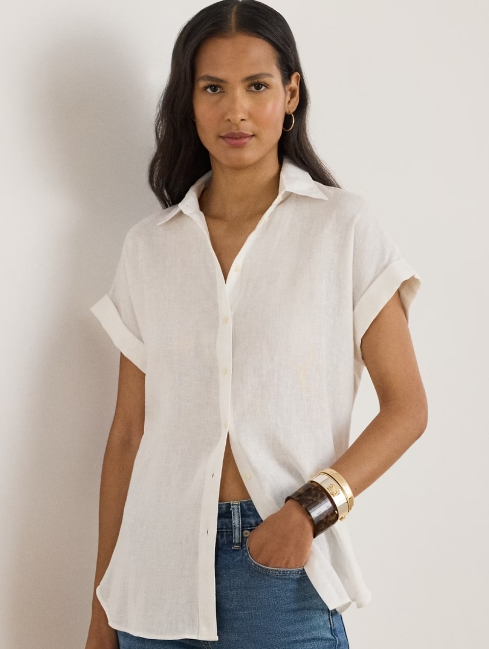 Lauren Ralph Lauren Relaxed Fit White Rolled Short Sleeve Linen Buttondown 3X
